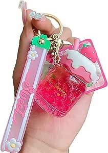 Strawberry Keychain Bear Keychain - Liquid Floating Quicksand Pendant Car Key Ring Backpack Pendant (Color : Strawberry Milk, Size : One Size)