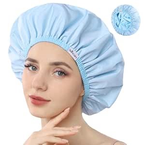 Years calm Shower Caps For Women Reusable Waterproof，Pattern And Solid Color Dual-Layer Design For Dual-Layer Usable，Protects Hair In Shower, Spa, Cooking, Clean & Travel (Blue, Extra Large)