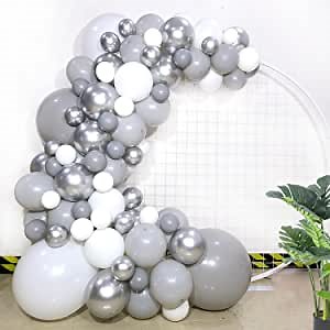 Grey Balloon Garland,Pack of 97, Metallic Silver Gray White Latex Balloons,18 inch/10 inch/5 inch, Bridal Shower Birthday Party Baby Shower Decoration