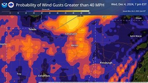 A strong cold front will sweep across the region Wednesday night and early Thursday. Wind gusts of 35 to 45 mph can be expected along with falling temperatures and snow showers. | US National Weather Service Cleveland OH