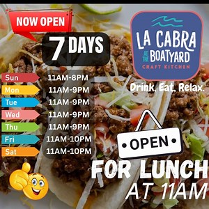 EXCITING NEWS! Our La Cabra Craft Kitchen is now open 7 DAYS a week to satisfy your cravings! Join us any day of the week for a delicious lunch or dinner. Tag your foodie friends and spread the word! #NowOpenEveryday #LakefrontEats #LaCabraCraftKitchen #BoatyardBuckeyeLake #Drink #Eat #Relax | Boatyard at Buckeye Lake | Facebook