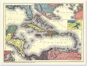 Antiguos Maps Caribbean Sea Color Print of the West Indies circa 1886 | Art Print Poster Vintage Wall Decor | 18 x 24 inches (457 x 610 mm)