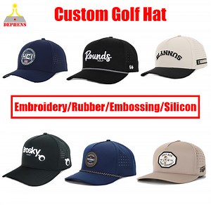 [Hot Item] Wholesale Custom Quick Dry 5 Panel Sports Waterproof Rubber PVC Logo Navy Performance Polyester Drilled Hole Laser Cut Perforated Rope Baseball Golf Hat Gorras