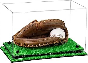 Better Display Cases Acrylic Baseball Catchers Glove Display Case with Clear Case, Black Risers and Turf Base (A011/V16)