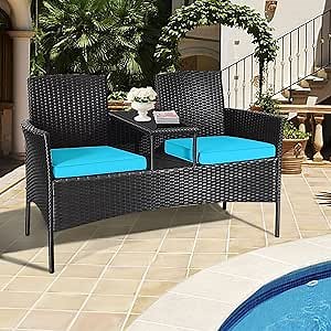 Outdoor Love Seat Set Patio Conversation Set with Cushion & Built-in Coffee Table, Outdoor Rattan Sofa Furniture Set for Garden, Lawn, Backyard (Turquoise)