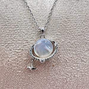 Shell pearl sterling silver planet pendant with 18” chain