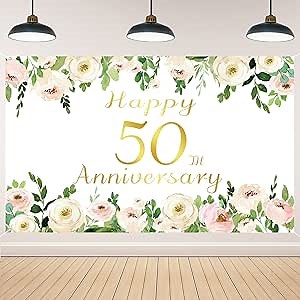 Vlipoeasn Elegant White 50th Anniversary Backdrop, Polyester, Rose Gold Peony Design, Included Rope, for Couple Surprise, Wedding Supplies