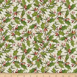 Susan Winget Cardinal Noel Holly Toss Cream Quilt Fabric By The Yard