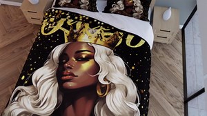 Black Woman Bedding Set Full Size,Girls Crown Queen Golden Glitter Duvet Cover Set 3Pcs,African Style American Comforter Cover Boys Kids Teens Bedroom Decor,Fashion Beauty Quilt Cover,2 Pillowcases