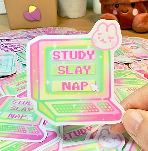 Study Slay Nap Sticker – Bunny Computer Screen Vinyl Sticker | Pink & Lime Aesthetic Y2K Sticker for Laptop, Journal, Water Bottle - Etsy