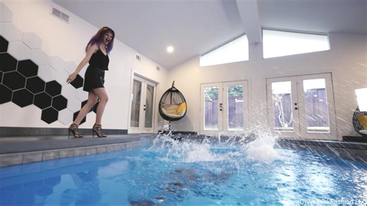 Daughter pushes her mom in the pool fully clothed. This classic is now available on wetlookfashion.net #wetlook #wetclothes #swimmingfullyclothed #pushedinthepool #leather #wetleather #wetboots #wethair #nasseklamotten #piscina #funnygirls