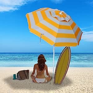YATIO-6ft Beach Umbrella Sun Shelter with Tilt, Fiberglass Ribs, Telescopic Pole, Windproof Canopy,Carry bag-Yellow Stripe