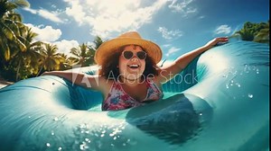 Fat woman enjoying a beach and someone swimming in a pool