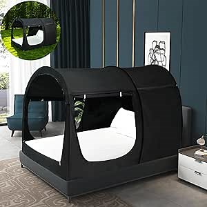 Hvqic Bed Tent - Bed Canopy Tents Twin Size Bed Tents Indoor Sleeping Tents for Adult and Kids Privacy Space with 4 Doors Pop Up Portable Frame Curtains Breathable Dream Tents Black Cottage