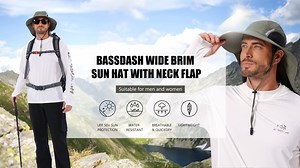 Bassdash UPF 50 Unisex Water Resistant Wide Brim Sun Hat with Large Neck Flap Ponytail Fishing Hat for Men Women