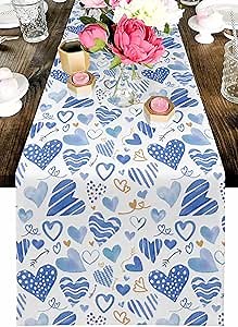 Valentines Table Runner Blue Love Heart Table Runners for Dining Room Balloon Stripe Spot Romantic Dinner Runner Wedding Anniversary Decor 13" x 72"