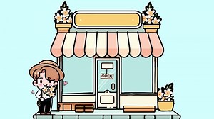 Download a cartoon boy standing in front of a flower shop for free