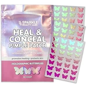 Heal & Conceal Pimple Patch - Cute Holographic Butterfly Shaped Acne Patches, Fun Hydrocolloid Zit Stickers for Face (Iridescent Pink Butterflies, 84 Count)