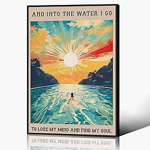 Abstract Ocean Painting Wall Art Sunrise Sunset landscape Poster Into The Water I Go To Lose My Mind And Find My Soul Canvas Prints 24x36 Inch Black Framed Inspirational Gift