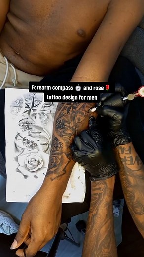 Intricate Forearm Compass, Clock, and Rose Tattoo Design