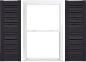 Duralok Vinyl Exterior Shutters | One Pair | Louvered 50/50 Split Straight Top Exterior Window Shutters | 18" x 67" | Black | Simple Installation + Hardware Included | Made in The US