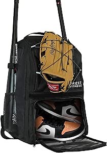 FREST Fitness Athletic Baseball Bag,Adult & Youth Baseball Bag, TBall Bat Bag, Softball Bag,Baseball Travel Backpack with Fence Hook, Easy Access Pockets & Elastic Band,Fits Most Bat Sizes (Black)