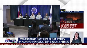 Mag-iisyu ng sticker ang LTFRB para sa mga nakapag-consolidate na jeepney simula Pebrero upang matukoy ang mga jeep na papayagang bumiyahe sa kanilang ruta. Basahin: https://news.abs-cbn.com/business/01/15/24/ltfrb-to-issue-stickers-for-consolidated-jeepneys-in-february | TV Patrol