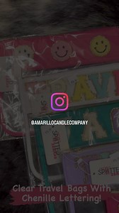 TRAVEL BAGS Clear Bags with Chenille lettering…so cute! These make great make-up or travel bags. Various colors and lettering available, only $18.99. | Amarillo Candle Company | Facebook