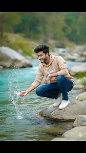 Promt "A young man crouching on a rock beside a flowing river, gently splashings water with his hand. He is smiling warmly, his blowout voluminous hairstyle, wearing a beige printed hoodie white text Prince, dark jeans, and white sneakers. Clear turquoise water splashes into droplets arounds his hand, captured sharply in mid-airs. Natural outdoor setting with scattered rocks, soft greenery in the background, and a calm, peaceful atmosphere, crisp details, relaxing #cinematic #photo #photography