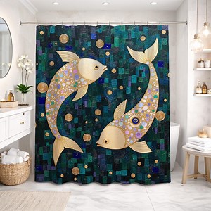 Fish Shower Curtain Gustav Klimt Mosaic Koi Art Teal Gold Celestial Maximalist Decor - Etsy Canada