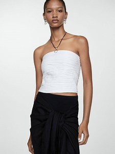 Buy MANGO Off Shoulder Smocked Pure Linen Bandeau Crop Top -  - Apparel for Women