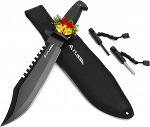 FLISSA 15-Inch Outdoor Fixed Blade Knife with Sheath, Full Tang Camping Tool with Sharpener & Fire Starter for Hiking, Survival Skills and Bushcraft Activities