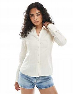 Miss Selfridge poplin fitted pinstriped shirt in butter yellow | ASOS