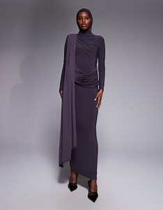ASOS DESIGN long sleeve slinky draped maxi dress in slate gray | ASOS