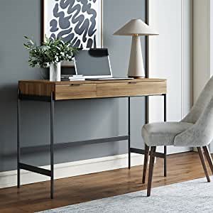 Nathan James Sophie Solid Computer Study Table for Home Office or Writing Desk with Drawers for Storage and Modern Metal Frame with Rustic Wood Top, Light Walnut/Black
