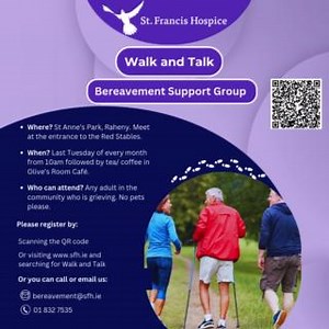 Our Walk and Talk bereavement group is free for adults in the community who are grieving. Members of our bereavement team will guide a walk in the fresh air, followed by a cuppa. It gives people a chance to talk to our bereavement team and other bereaved people who know what it is like living with grief. Our next walk will take place on Tuesday 25th February at 10am. The meeting point is the entrance to the Red Stables. The walk will be followed by tea/coffee in Olive's Room Café. The walk is su