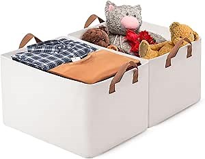 large storage baskets, closet storage bins, Canvas Fabric Storage Basket for shelves, basket organizers for shelf, storage bins for clothes (White 2 Pack, 16"L×12"W×10"H)