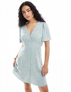 Vero Moda button up mini skater dress in mint green floral | ASOS