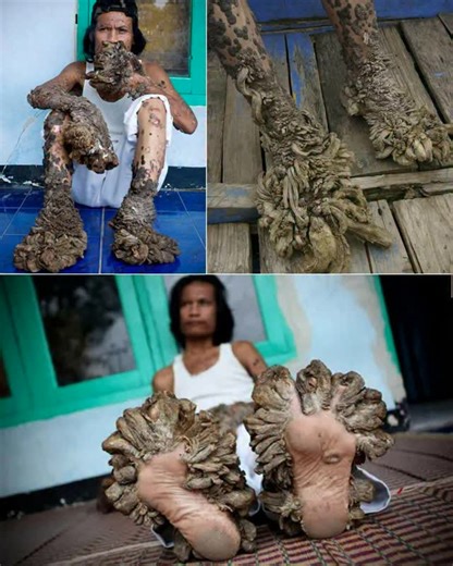 The Man Who Grew Like a Tree — and Faced Life With Unshakable Dignity In Indonesia, Dede Koswara became known to the world as “The Tree Man.” He suffered from a rare genetic disorder called Epidermodysplasia Verruciformis — a condition that caused bark-like growths to cover his skin, especially his hands and feet. What looked like roots and branches were, in truth, layers of hardened tissue his body could no longer stop producing. In 2008, doctors removed more than 6 kilograms of lesions, bringi