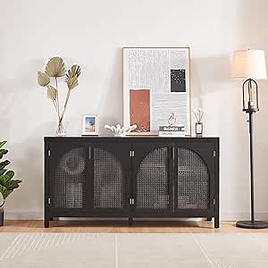Black Sideboard Buffet Cabinet with Rattan Doors, Modern Buffet Sideboard Storage Cabinet with Shelves, Large Storage Cabinet for Living Room, Dining Room