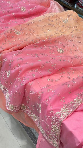 Shaded Pure Organza Hand Embroidery. We love experimenting with different embroideries and fabrics. Sequins being a season favourite, we just made this beautiful piece. A dazzling piece with all over gotapatti and zardosi cutwork border is just a perfect chic saree. Available on the website. #Saree #Sarees #NetSaree #SareesUSA #SareeUSA #SareeLove #SareeLovers #HandEmbroidery #SareeDraping #SareeBlouse #SareeFashion #SareeStyle #MadeWithLove #PinkSaree #DesignerSarees #DesignerSarees #Designer #