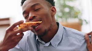 Pizza, Fast Food and Love with a Black Couple Eating, Bonding and Enjoying a Meal while on a Date Together in Their Home Stock Footage - Video of house, adult: 257140824