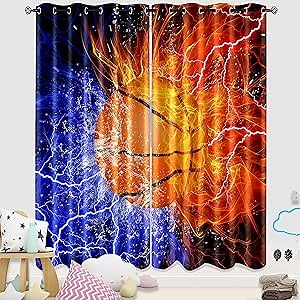Basketball Curtains for Boys Bedroom Basketball Curtains for Boys Girls Teens Bedroom Basketball Fire Drapes Hipster Basketball Ball on Fire and Water Art Curtains, 2 Panels, 82''×84''