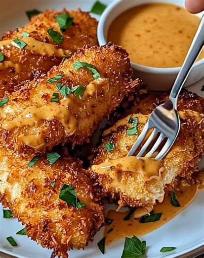 CRISPY COCONUT CHICKEN STRIPS WITH SPICY HONEY DIP Crispy, golden, spicy—your perfect appetizer in minutes! Ingredients: 1 lb boneless, skinless chicken tenders 1/2 cup all-purpose flour 2 large eggs, beaten 1 cup shredded sweetened coconut 1 cup panko breadcrumbs 1/2 tsp garlic powder 1/2 tsp paprika Salt & pepper to taste Vegetable oil for frying Fresh parsley, chopped (for garnish) For the Spicy Honey Dip: 1/2 cup mayonnaise 2 tbsp honey 1 tbsp Dijon mustard 1 tsp hot sauce (or more to taste)