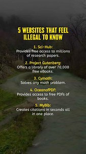 5 Websites That Feel illegal To Know 1. Sci-Hub: Provides free access to millions of research papers. 2. Project Gutenberg: Offers a library of over 70,000 free eBooks. 3. Cymath: Solves any math problem. 4. OceanofPDF: Provides access to free PDFs of books. 5. MyBib: Creates citations in seconds all in one place. Follow @itssabirai for more amazing content #ai #aitools #chatgpt #ai2026 #aitools2026 | Sabir AI