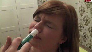 Girl injects cum up her nose with syringe [no sound]