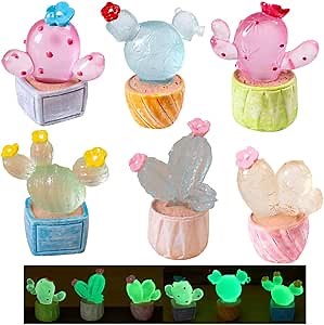 6 Pcs Luminous Miniature Cactus Figurines, Glow in Dark Mini Resin Cactus for Micro Landscape Accessories Outdoor Potted Plants Garden Decoration