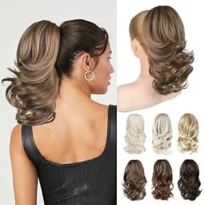 NTYNTY Ponytail Extension - 14" Claw Clip in Ponytail Hair Extensions Natural Soft Synthetic Layered Wavy Pony Tail Hair Pieces for Women - Chocolate Brown with Highlights