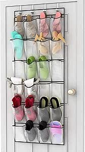 Unjumbly Shoe Organizer Over Door, 24 Pocket Sturdy Over Door Shoe Organizer with Large Clear Mesh Pockets, Complete with 4 Reversible Robust Over The Door Hooks, White