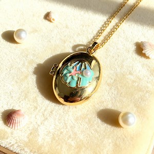 Turquoise Seashell Photo Locket Necklace, Gold Oval Locket Pendant, Personalized Summer Keepsake Gift - Etsy UK
